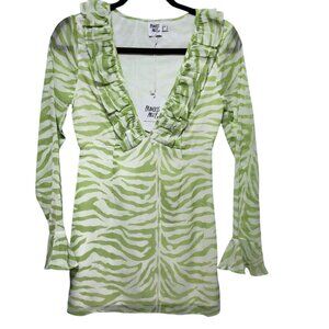 NWT Princess Polly Green White Zebra Print V-neck Long Sleeve Ruffle Mini Dress